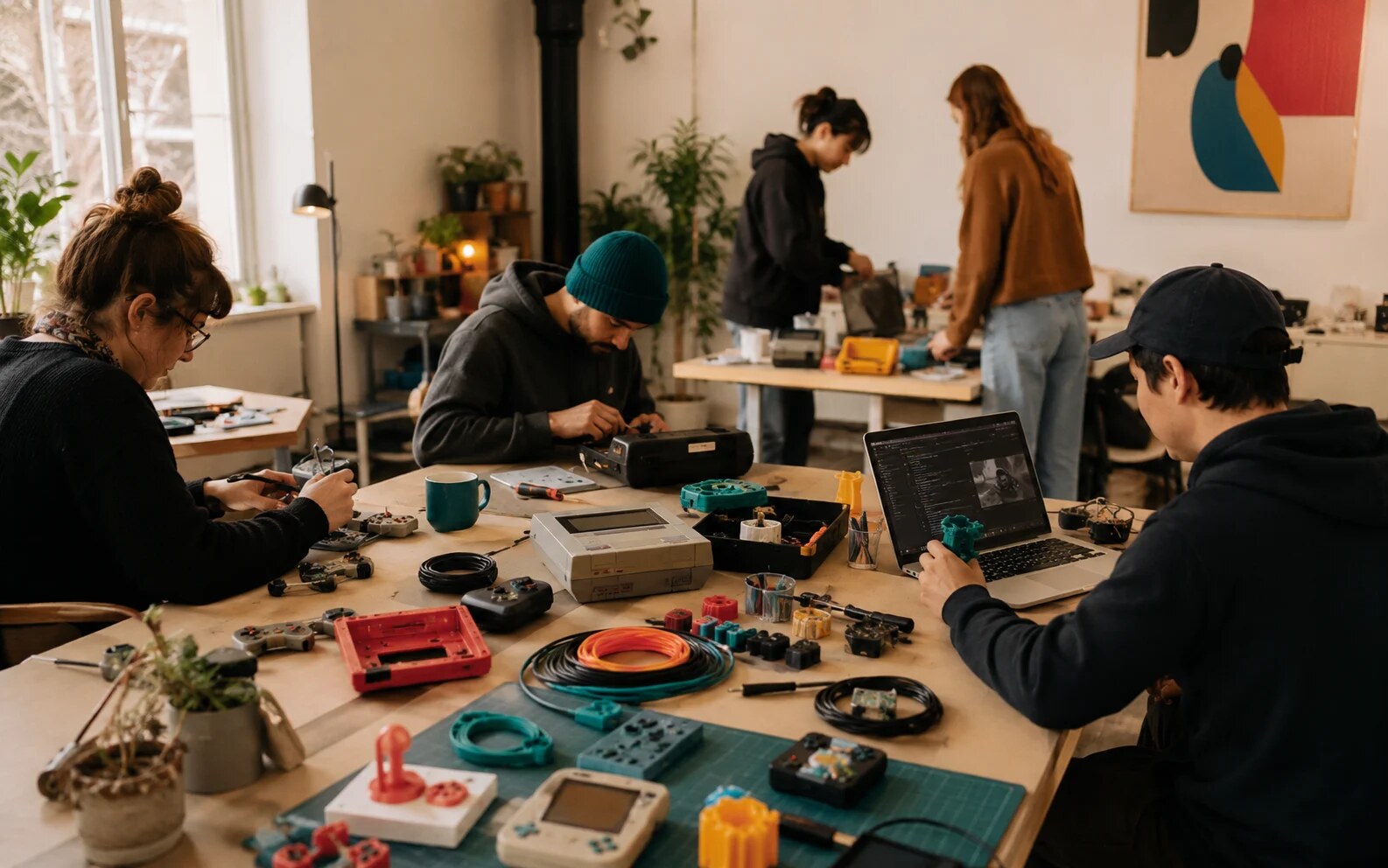 Original JRW maker pop-up scene with people collaborating around tools and creative hardware