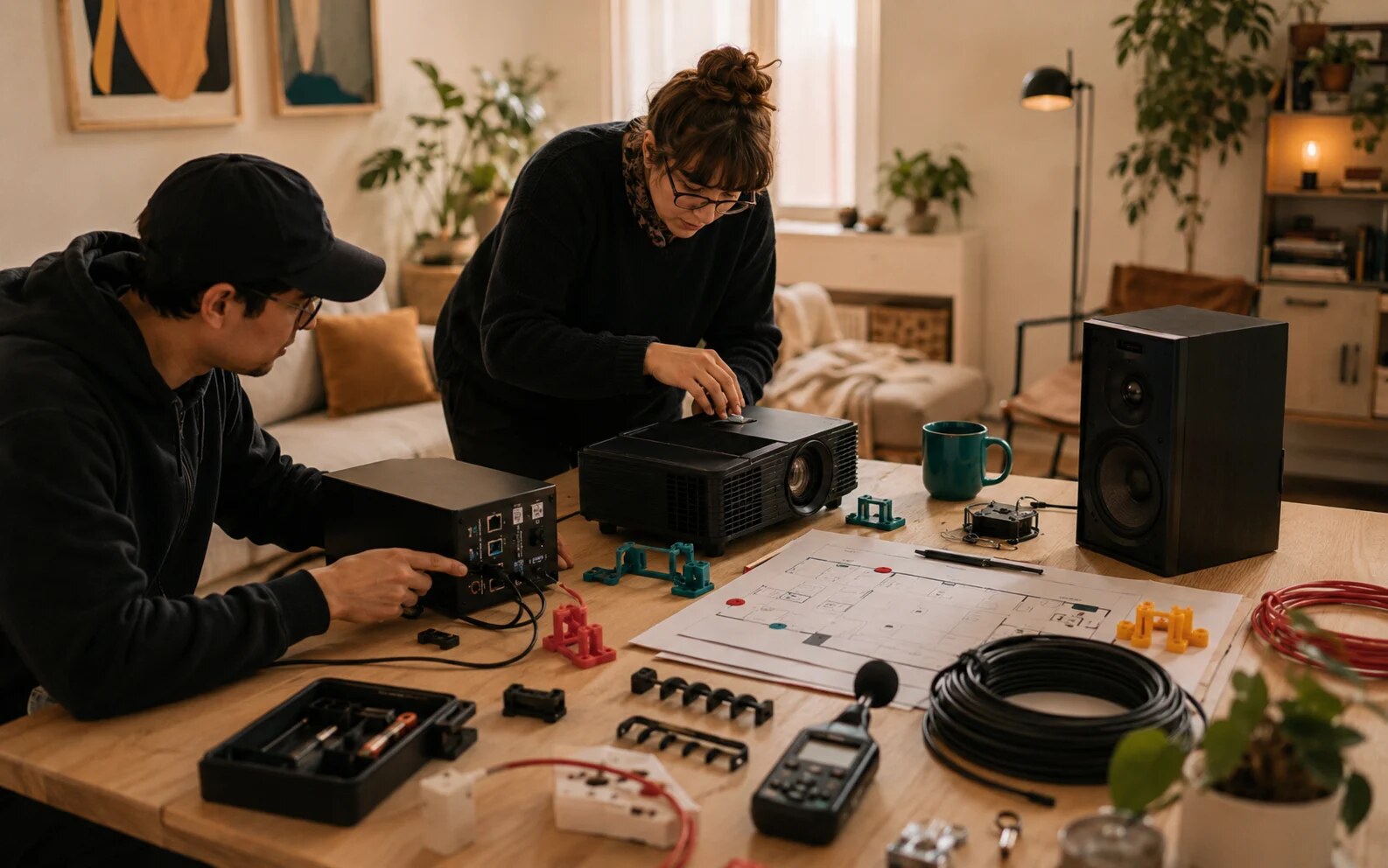 Original JRW home tech workbench with servers, speakers, cabling, and calibration tools